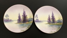 "Antiguo juego de 2 árboles de arroyo natural de 6-3/8"" placa decorativa de nipón pintada a mano"