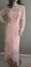 VTG 70s Formal Peach Chiffon Embroidered Wedding Party Occasion Long Dress