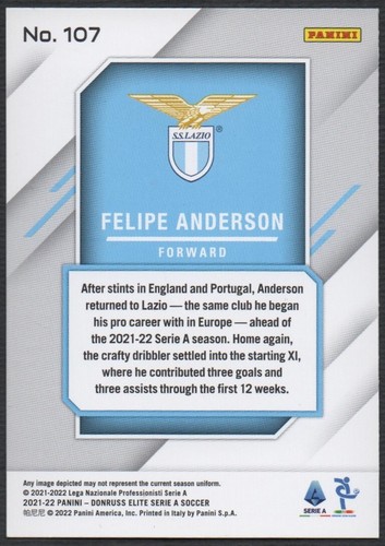 PANINI - DONRUSS ELITE SERIE A SOCCER 2021-2022 - LAZIO: FELIPE ANDERSON - 107 - Foto 2 di 2