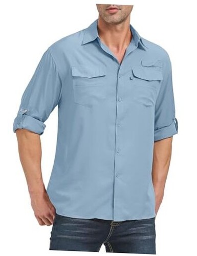 Mens Safari Shirts Long Sleeve Fishing Shirt Sun Protection UPF 50 UV Quick
