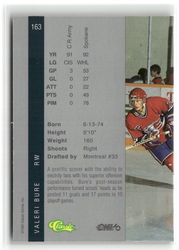 1992 Classic Four Sport Valeri Bure #163 - Afbeelding 2 van 2