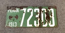 RARE 1913 PENNSYLVANIA PORCELAIN LICENSE PLATE ORIGINAL MISSING SEAL WITH WEAR
