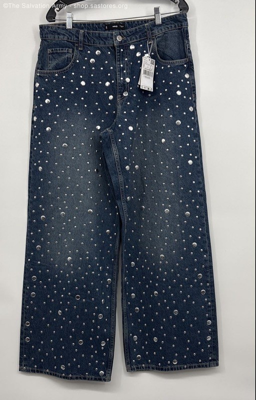NWT Mango Women's Blue Polka Dot Denim Mid Waist Straight-Leg Jeans Size 10