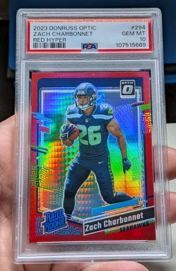 2023 Optic Zach Charbonnet RATED ROOKIE RED HYPER PSA 10 GEM #294 RC Seahawks