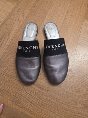 Authentic Givenchy Paris Logo Leather Mules Slides Metallic Pewter EU 36.5 Made