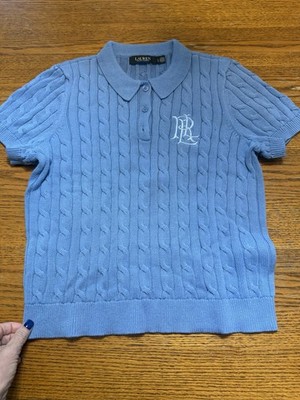 Ralph Lauren Size L Blue Black Label Short Sleeve Cable Knit Polo Sweater