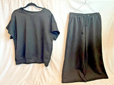 Lounge Set 2 Piece Casual Womens Black Textured Top  Wide Leg Pants Size L