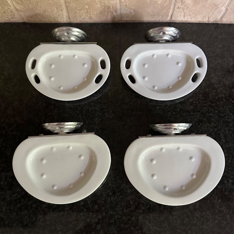 4 Vintage White Porcelain Soap Dish & Tooth Brush Holder Wall Mount Rounded MCM