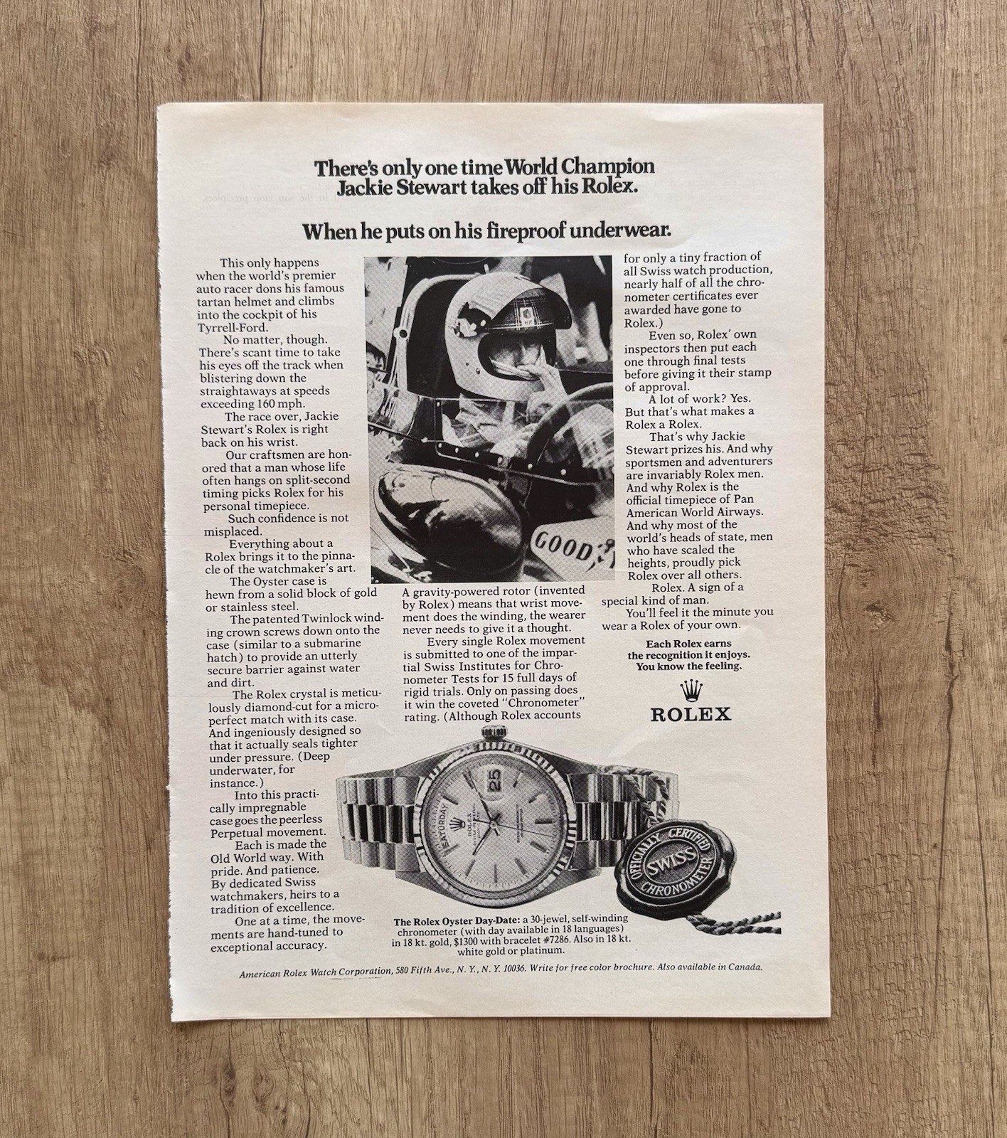 1972 ROLEX OYSTER DAY-DATE JACKIE STEWART PUBBLICITÀ,RITAGLIO GIORNALE OROLOGIO