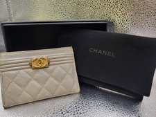 CHANEL Gray Quilted Leather Card Holder Gold Logo Serial 25421814