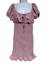 Smocked Mauve Mini Dress With Puff Sleeves & Ruffle Hem By Love Tree Size L