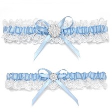 Blue Lace Wedding Garters for Bride Set with Rhinestone Satin Bow