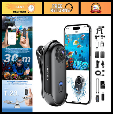 4K Wearable Action Camera, 64GB Hands-Free WiFi POV Cam, Waterproof Mini Cam for