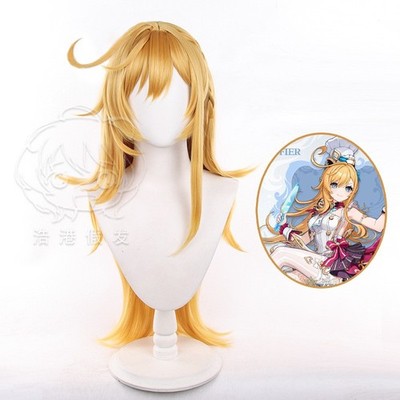 Genshin Impact Escoffier Cosplay Perücken lang blau gold gelb Kunsthaar 80 cm