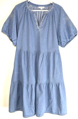 beach lunch lounge chambray dress Large Blue Tiered Puff Sleeve Cottagecore 3/4 roll 1920s evening gown Tropicana Midi Dress Green Size:46/2XL