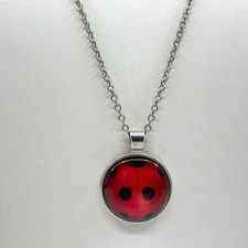Charming Ladybug Cabochon Pendant Necklace Silver Tone Whimsical Nature Idea
