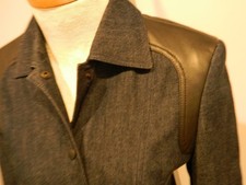 Escada Dark Denim Jacket Black Leather Trim Front Snap 34 mint