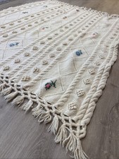 Vintage Handmade Crochet 3D Flowers Afghan Blanket Throw 64  x50  Cream LARGE
