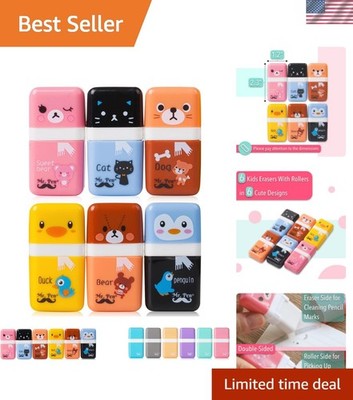 Eraser with Cover and Roller, 6 Pack, Animal Theme, Cute Erasers for Kids
