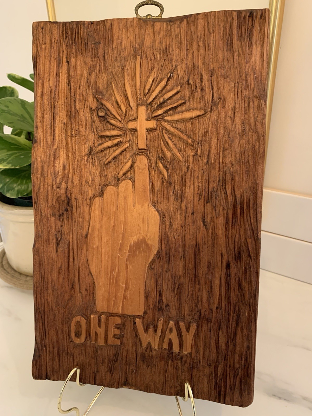 ✨Vintage 1973 Hand-Carved Wood Rustic Plaque Jesus Hand Movement Cross Folk Art