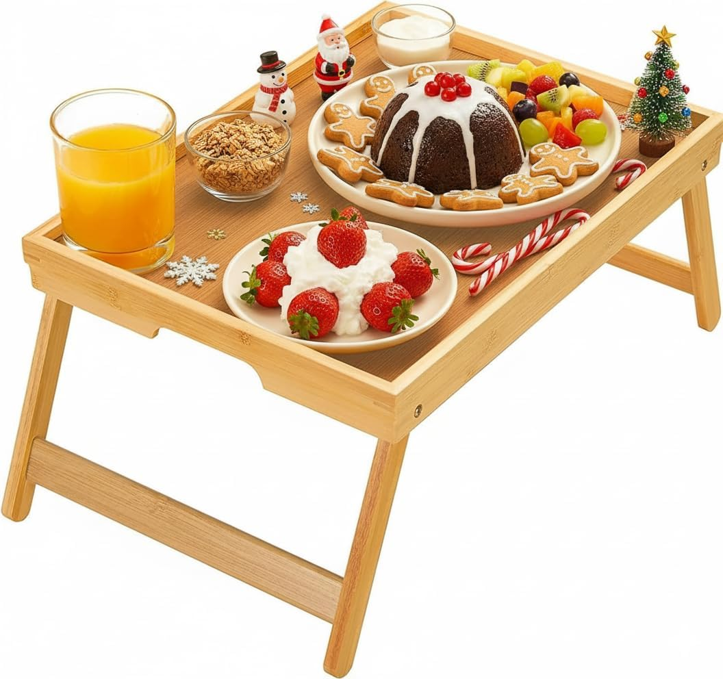 Bamboo Bed Tray Table with Foldable Legs, Breakfast Tray for Sofa, Bed, Eating,