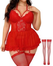 Plus Size Lingerie For Curvy Women Sexy Lace Babydoll Set with X-Large, Red