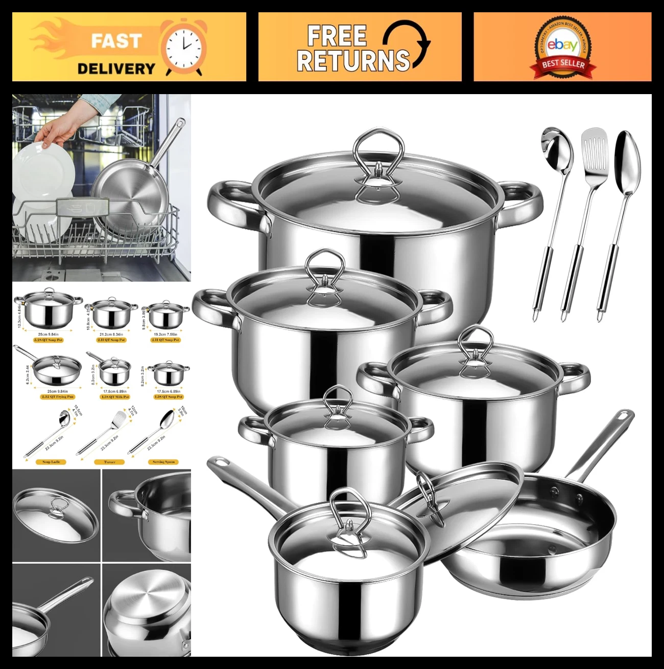 15-Piece Stainless Steel Cookware Set - Induction & Dishwasher Safe Pots, Pans,