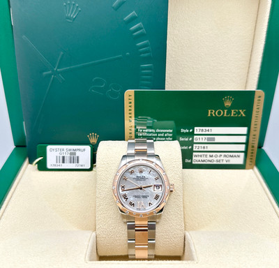 Rolex Datejust Midsize 178341 31mm MOP Diamond Dial 18K Rose Gold Steel Box Card