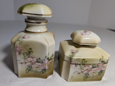  2 PC Set Vintage Nippon Vanity Bottles w/Stoppers and Powder Box with Lid