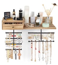 Jewelry Organizer Hanging Wall Mounted Jewelry Holder with Rustic Wood Drawer 