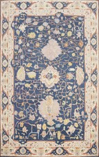Hand Knotted Oushak Rug Blue Wool Area Rug Traditional Oriental Floral Carpet