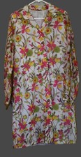 Vtg Home Sewn Housecoat House Dress Robe Overcoat Pink Floral Snap Button Large