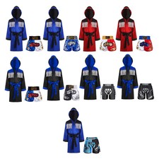 Kid Boys Boxing Outfits Metallic Satin Hooded Robe Cloak and Belt Shorts Set