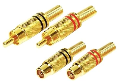 PACCS 4 x Cinch Metall Kupplung & Stecker in Rot & Schwarz vergoldet Buchse RCA ADM