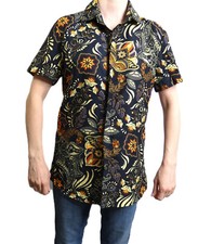 Mens Brown Shirt vintage Cotton Button Down Colorful Fun Abstract Floral Size S