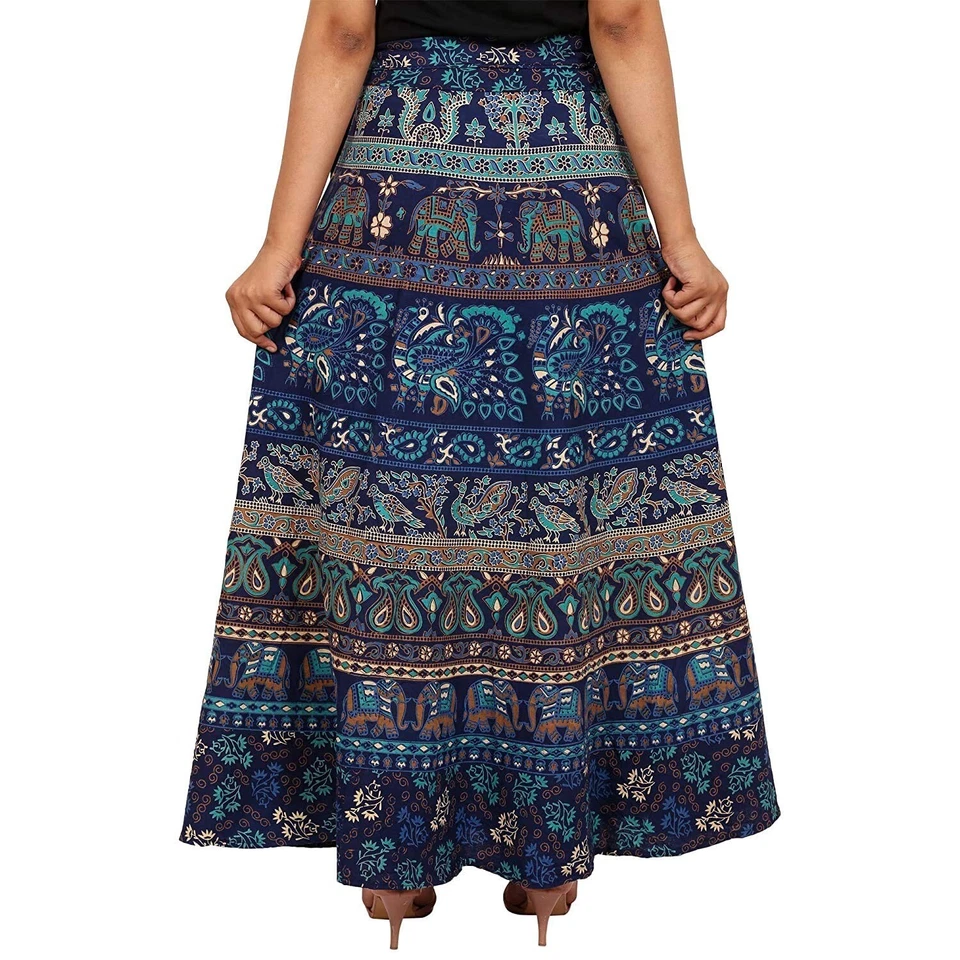 Indian Woman Elephant Mandala Cotton Wrap Skirt Around Maxi Dress Blue Long Gown - Image 3 of 4