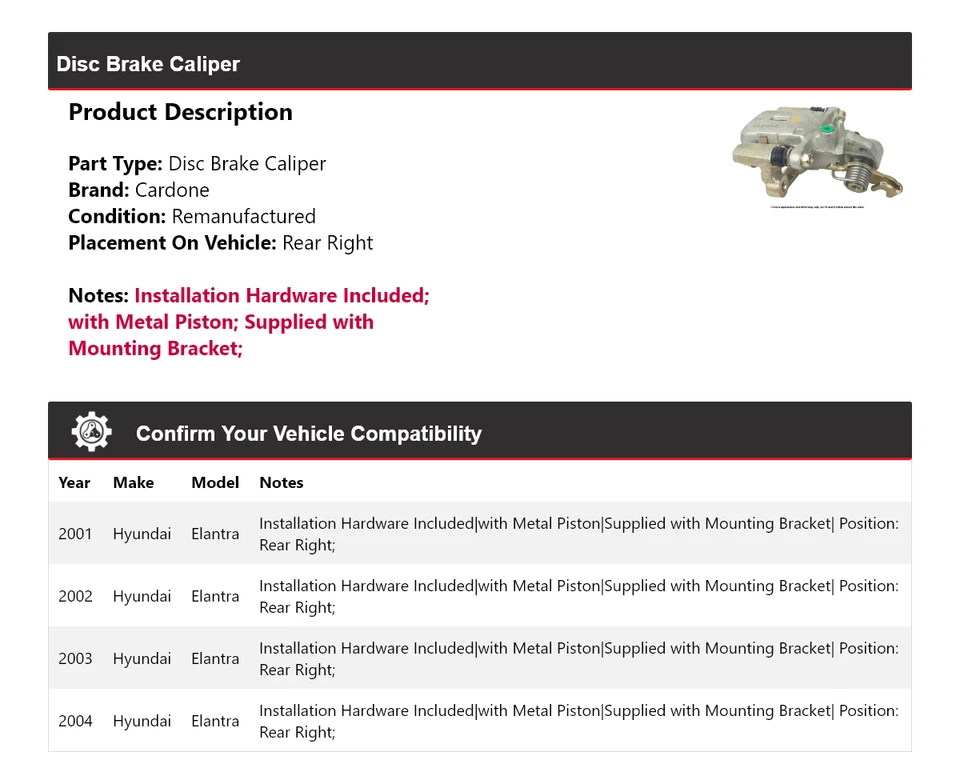 Pinza de freno de disco trasera derecha cardone 2002 2003 para Hyundai Elantra 2001-2004 Foto 2 de 4