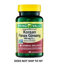 Spring Valley Korean Panax Ginseng 100 mg Vegetarian Capsules, 60 Count