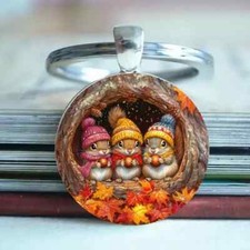 Autumn Squirrels Keychain Key Ring Purse Handbag Car Charm Backpack Bag Gift