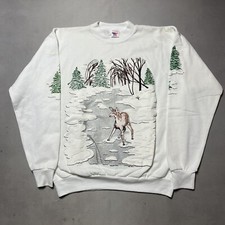 Vintage 90s Nature Snow Deer Big Print Pullover Sweatshirt made in USA XL