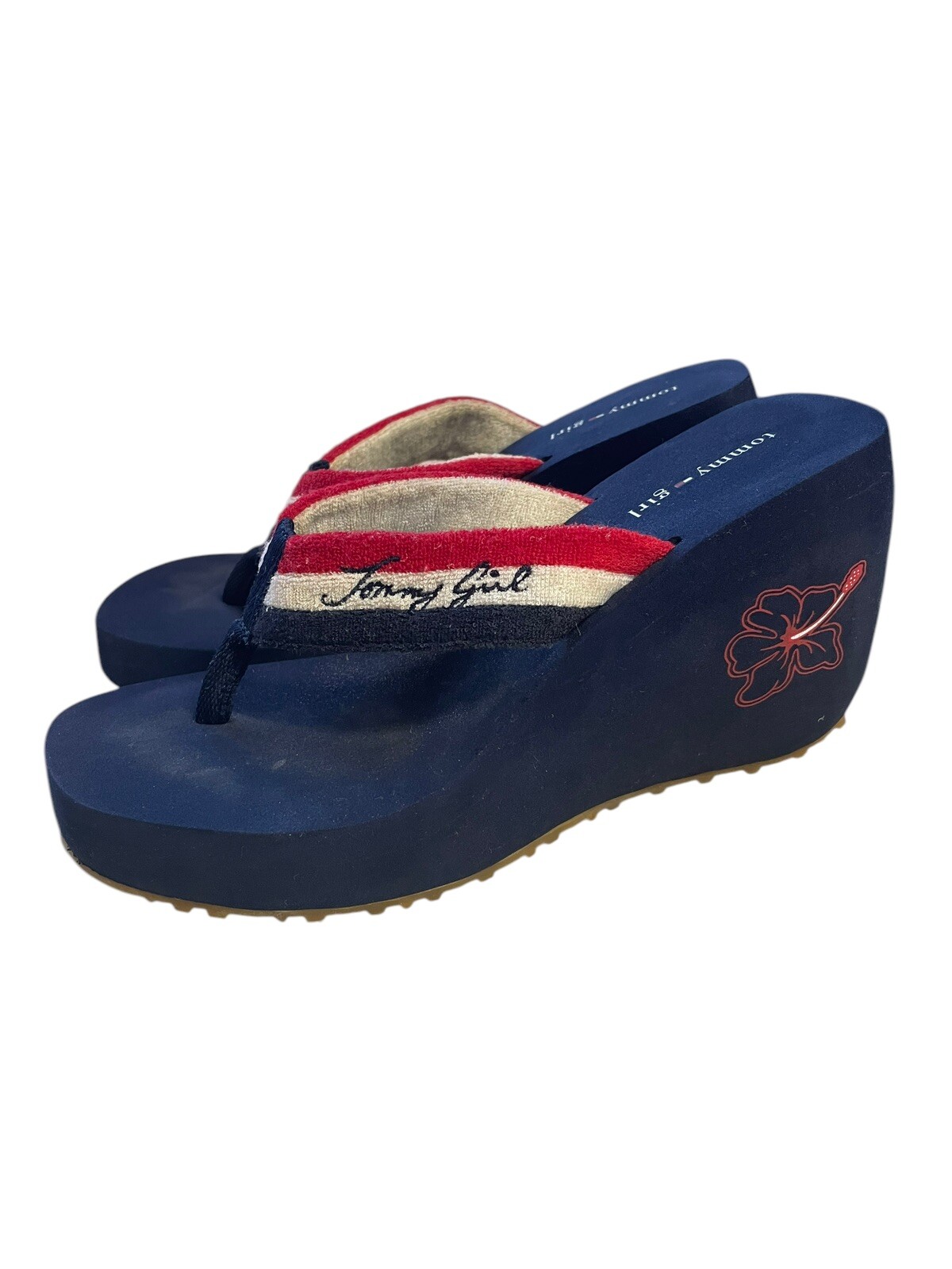 Y2K Tommy Hilfiger Platform Flip Flops Thong Sandals in Blue White Red Size 7.5