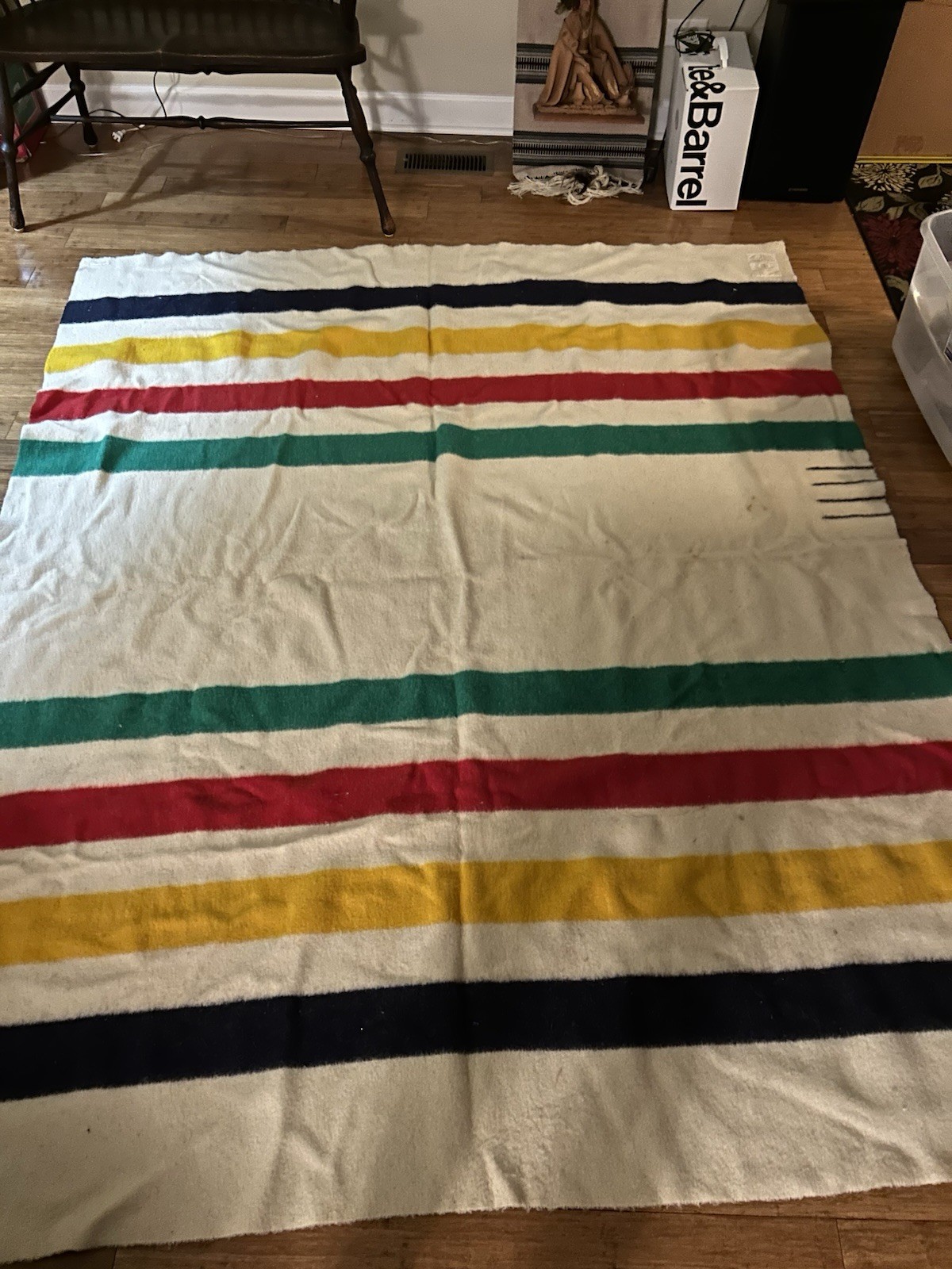 Vintage Hudson's Bay 4 Point Wool Stripe Blanket Made In England Label 74" x 90"