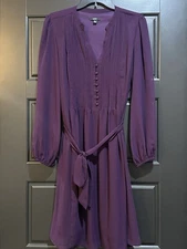 MSK Plum Sz 8 Pleated Long sleeves chiffon Sheer knee length dress With Tie