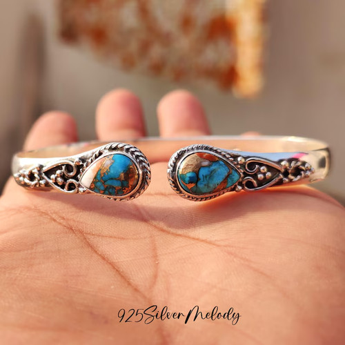 Aaa+ Genuine Oyster Turquoise 925 Sterling Silver Handmade Bangle Bangle Si69