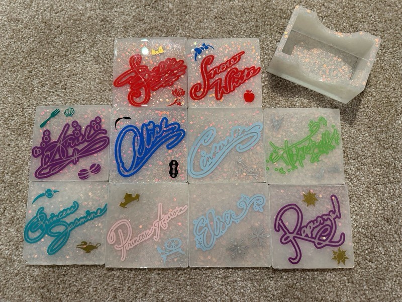Handmade Resin Set Of Coasters And Holder Disney Princess Glitter Theme
