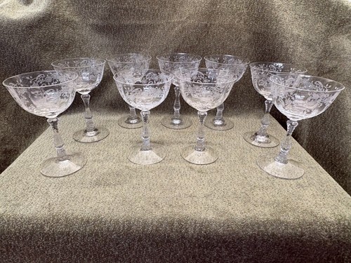 (9) 1940's Fostoria Etched 5 5/8" Champagne Sherbet Coupe Glasses Meadow Rose