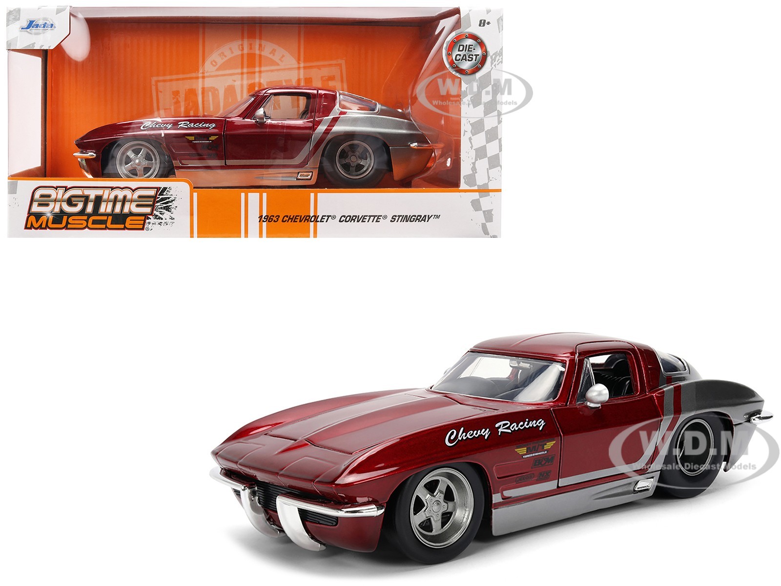 1963 CHEVROLET CORVETTE STINGRAY CHEVY RACING RED 1/24 DIECAST BY JADA 36459