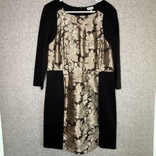 DKNYC Black Gold Floral Panel Long Sleeve Stretch Dress Size 12 Holiday Party