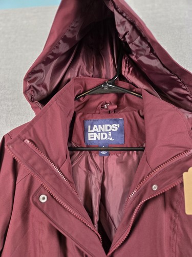 Lands End Water Resistant Rain Coat Jacket S Maroon Hooded Full Zip Logo NEW