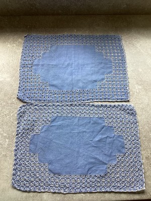 Vintage Leinen Tischsets X 2 Blau Farbe Bordüre Rand Detail